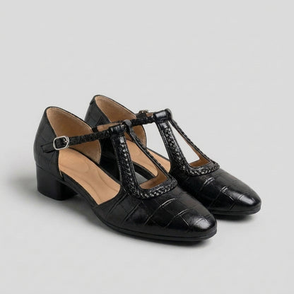 Embossed Braided T-Strap Mary Jane Flats with Block Heel