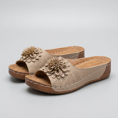 Structured Open-Toe Wedge Slide Sandals with Floral Applique Details