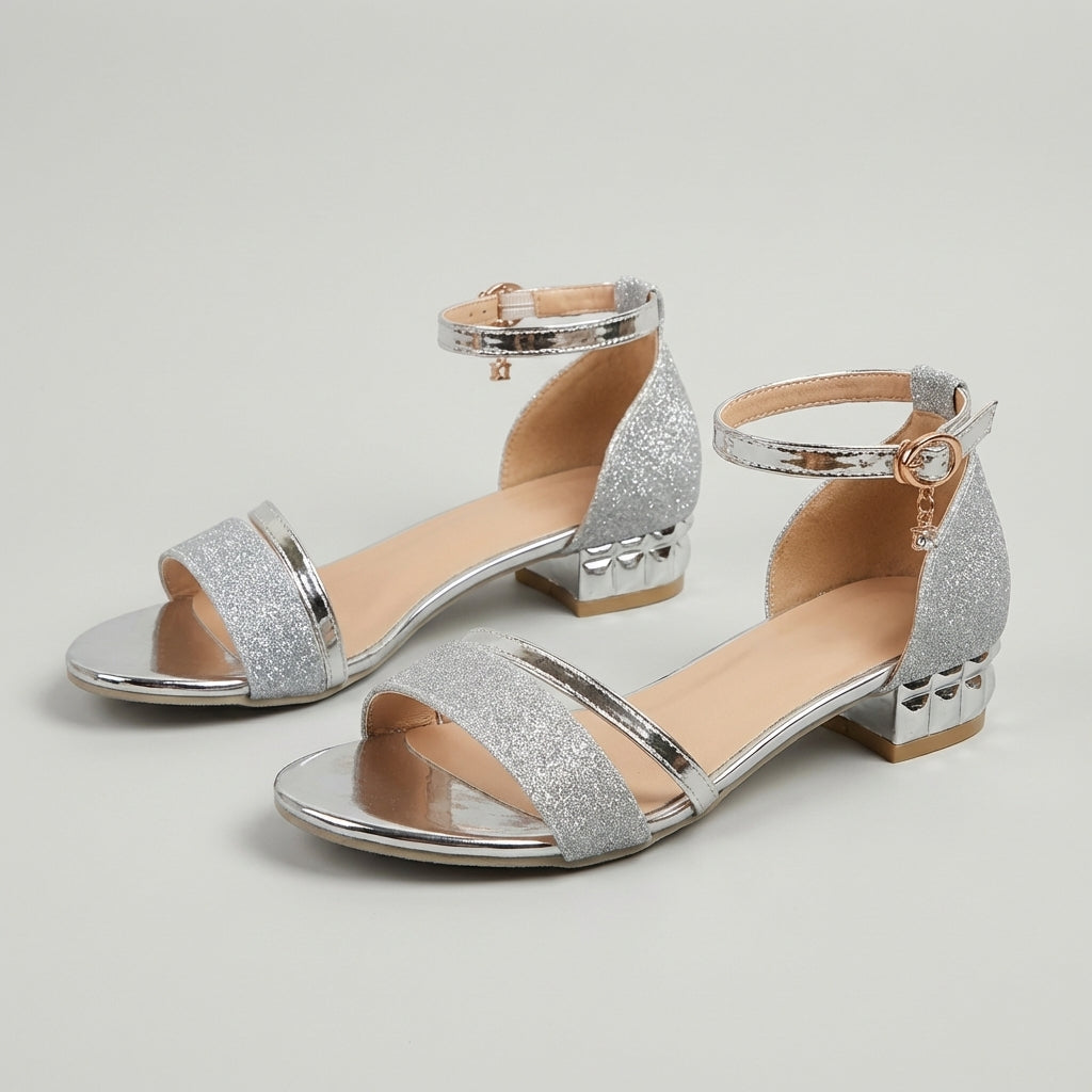 Refined Open-Toe Glitter Sandals with Ankle Strap and Charm Detail