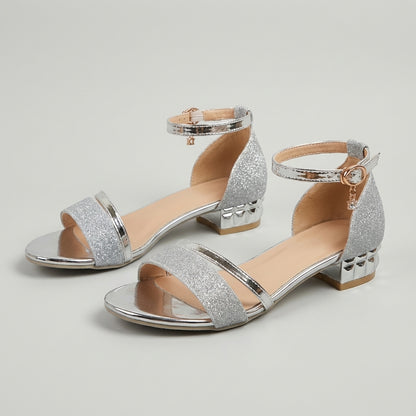 Refined Open-Toe Glitter Sandals with Ankle Strap and Charm Detail