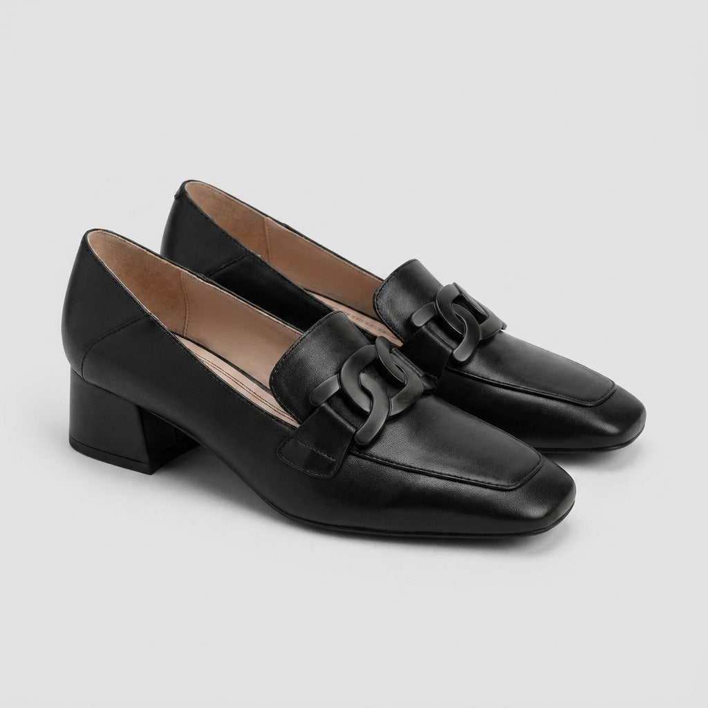 Structured Orthopedic Block-Heel Loafers with Interlocking Chain Detail