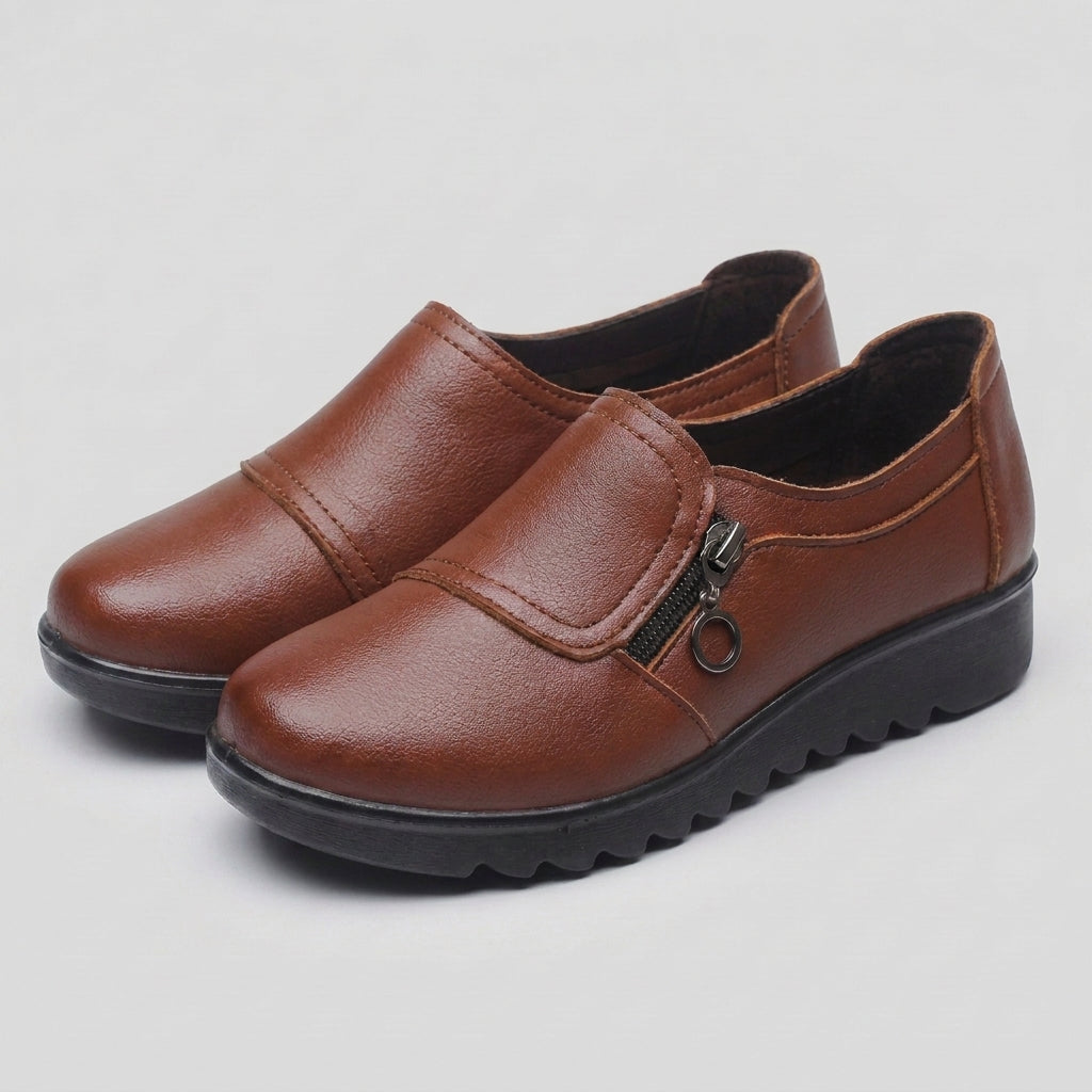 Structured Pebble-Grain Orthopedic Loafers with Side Zip and Platform Sole