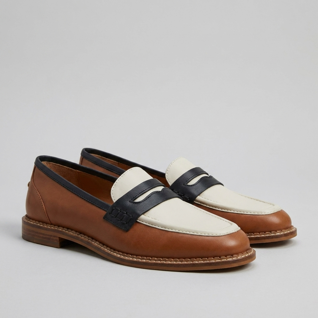 Structured Color-Blocked Penny Loafers with Low Block Heel for Women