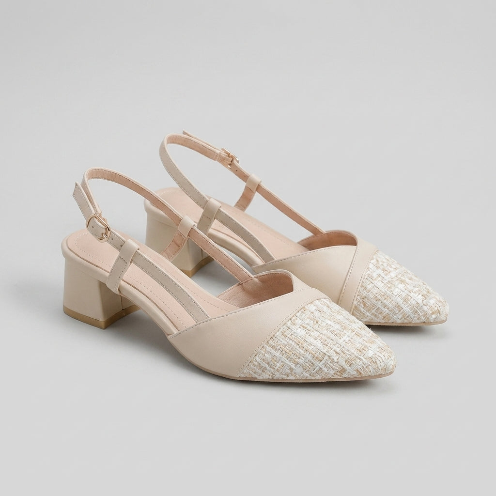 Pointed Toe Chunky Heel Slingback Sandals with Woven Textured Detail