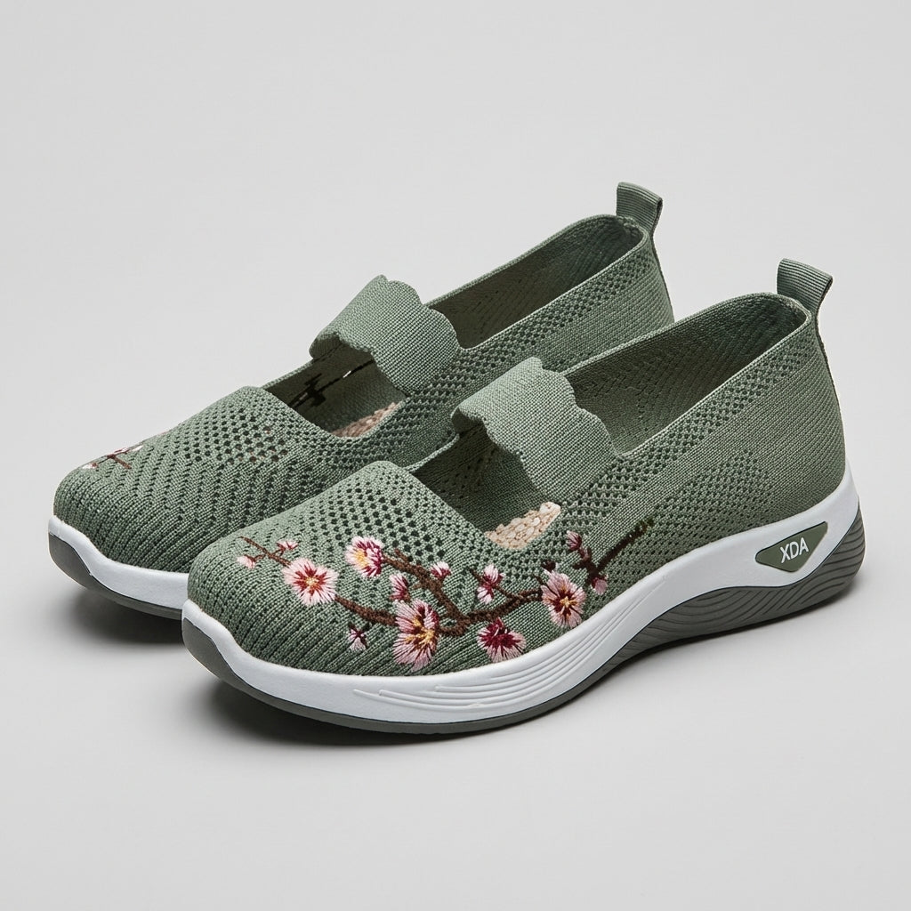 Knit Mesh Mary Jane Flats with Floral Embroidery and Scalloped Strap