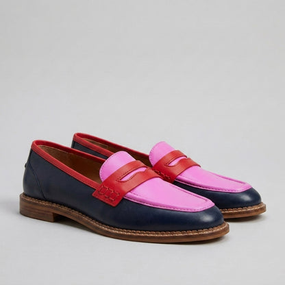 Structured Color-Blocked Penny Loafers with Low Block Heel for Women