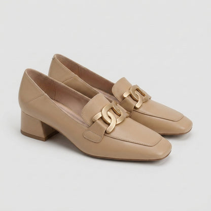 Structured Orthopedic Block-Heel Loafers with Interlocking Chain Detail