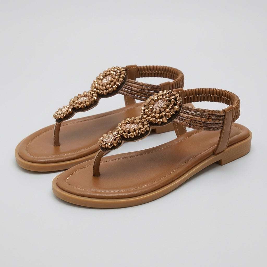 Bohemian Woven Flat Sandals with Beaded Floral Medallions