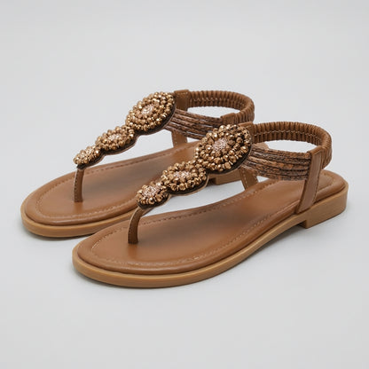 Bohemian Woven Flat Sandals with Beaded Floral Medallions