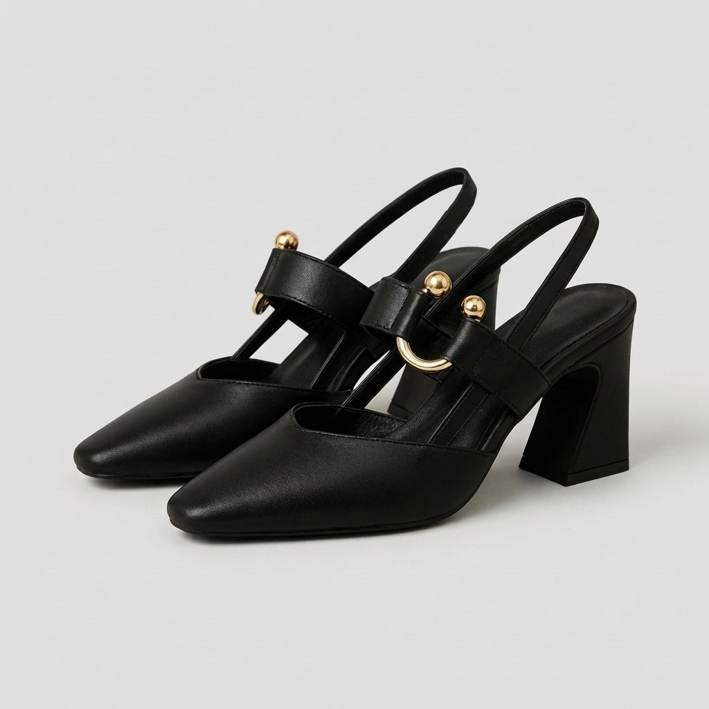 Pointed Toe Slingback Block Heels with Metallic Accent