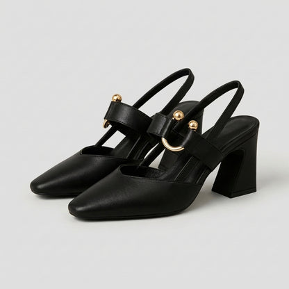 Pointed Toe Slingback Block Heels with Metallic Accent