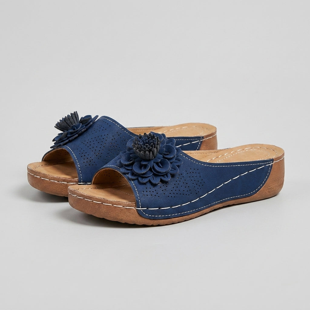 Structured Open-Toe Wedge Slide Sandals with Floral Applique Details