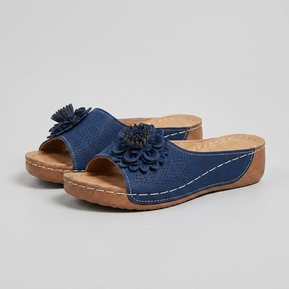 Structured Open-Toe Wedge Slide Sandals with Floral Applique Details
