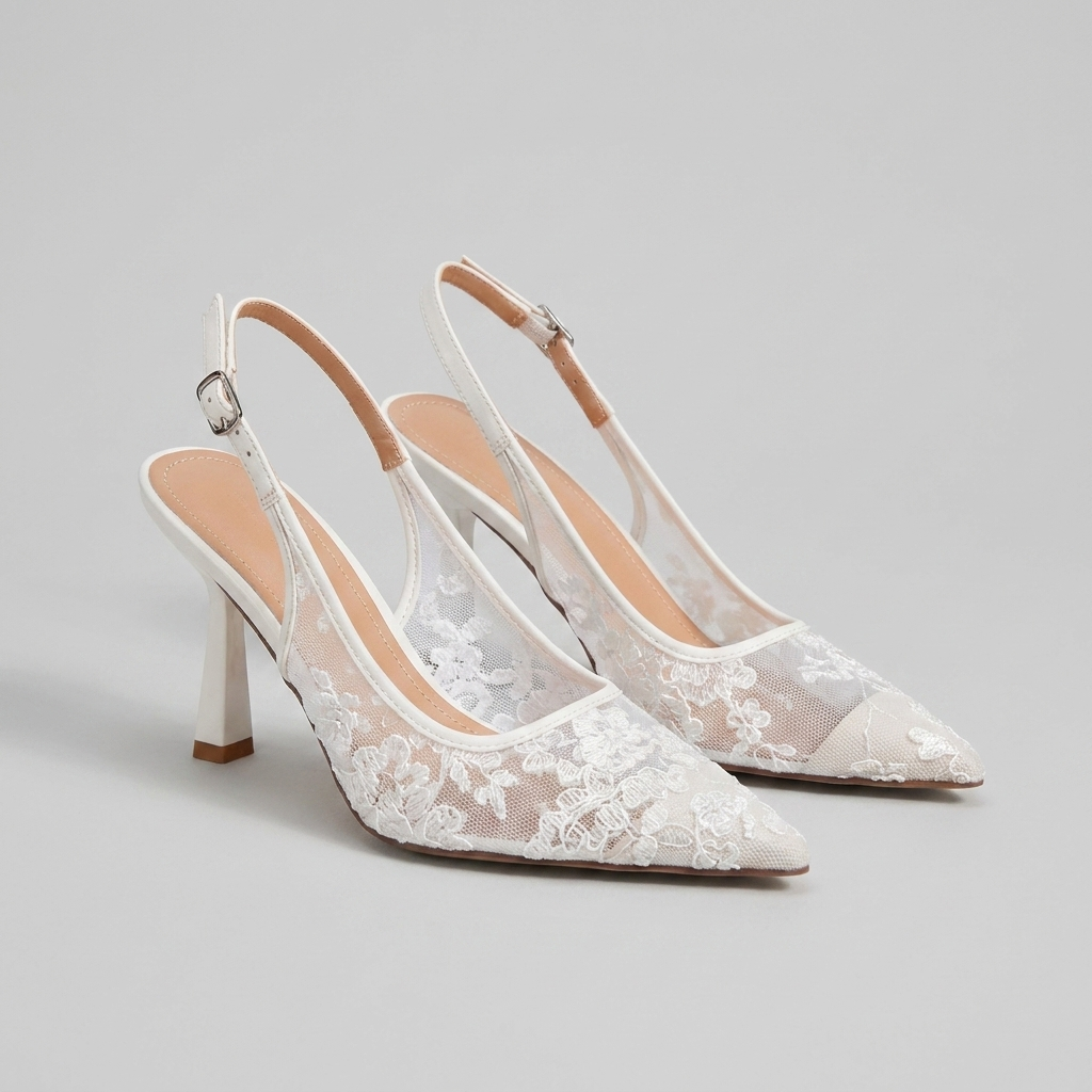 Pointed-Toe Embroidered Mesh Slingback Pumps with Flared Heel