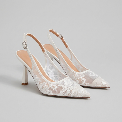 Pointed-Toe Embroidered Mesh Slingback Pumps with Flared Heel