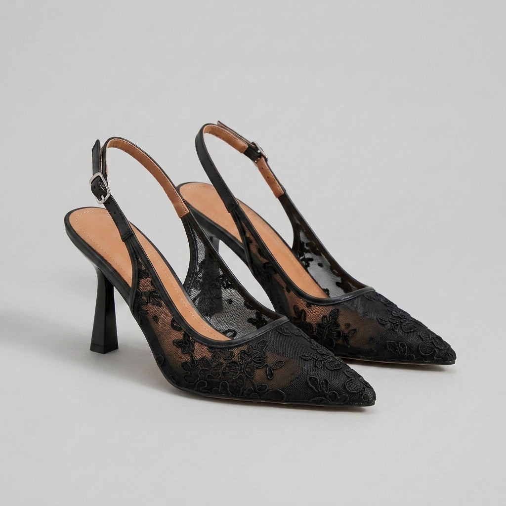Pointed-Toe Embroidered Mesh Slingback Pumps with Flared Heel