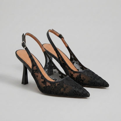 Pointed-Toe Embroidered Mesh Slingback Pumps with Flared Heel