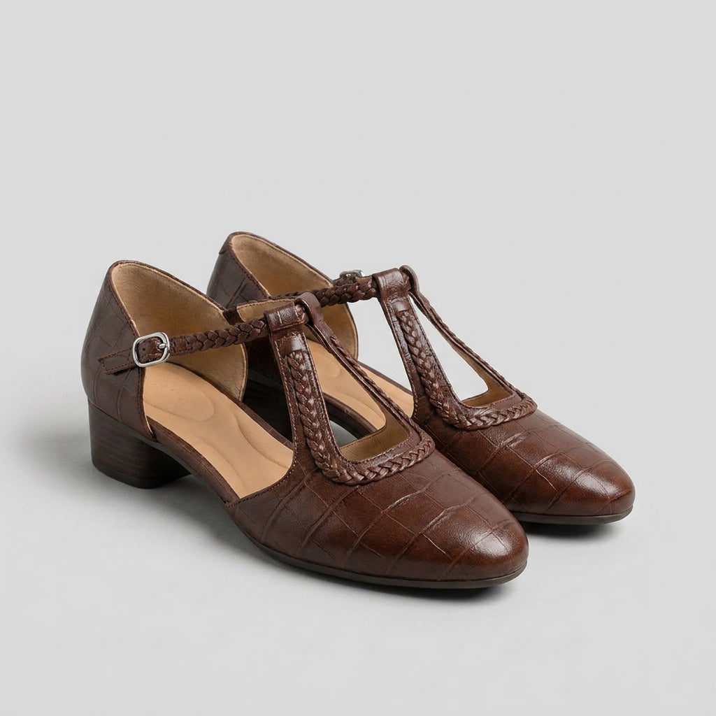 Embossed Braided T-Strap Mary Jane Flats with Block Heel