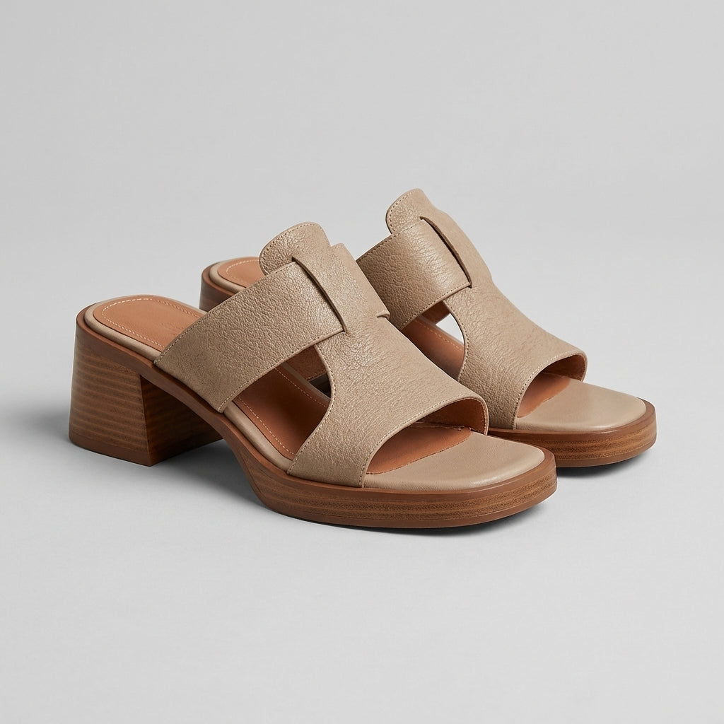 Alessia Pebbled Block Heel Slide Sandals with Sculptural Cutout Strap