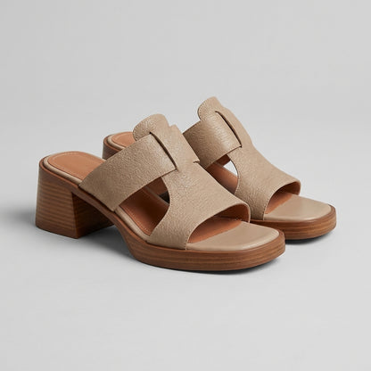 Alessia Pebbled Block Heel Slide Sandals with Sculptural Cutout Strap