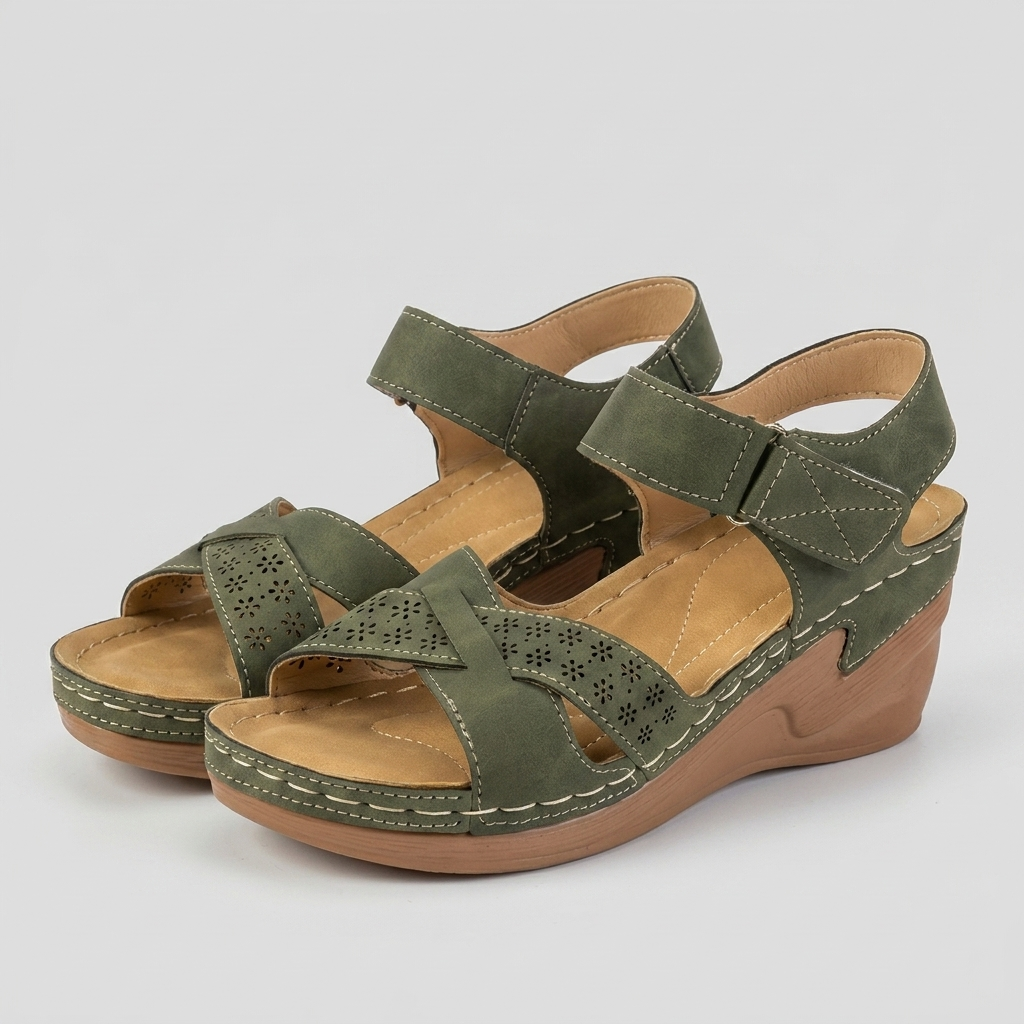 Textured Wedge Sandals with Laser-Cut Floral Accents and Adjustable Strap