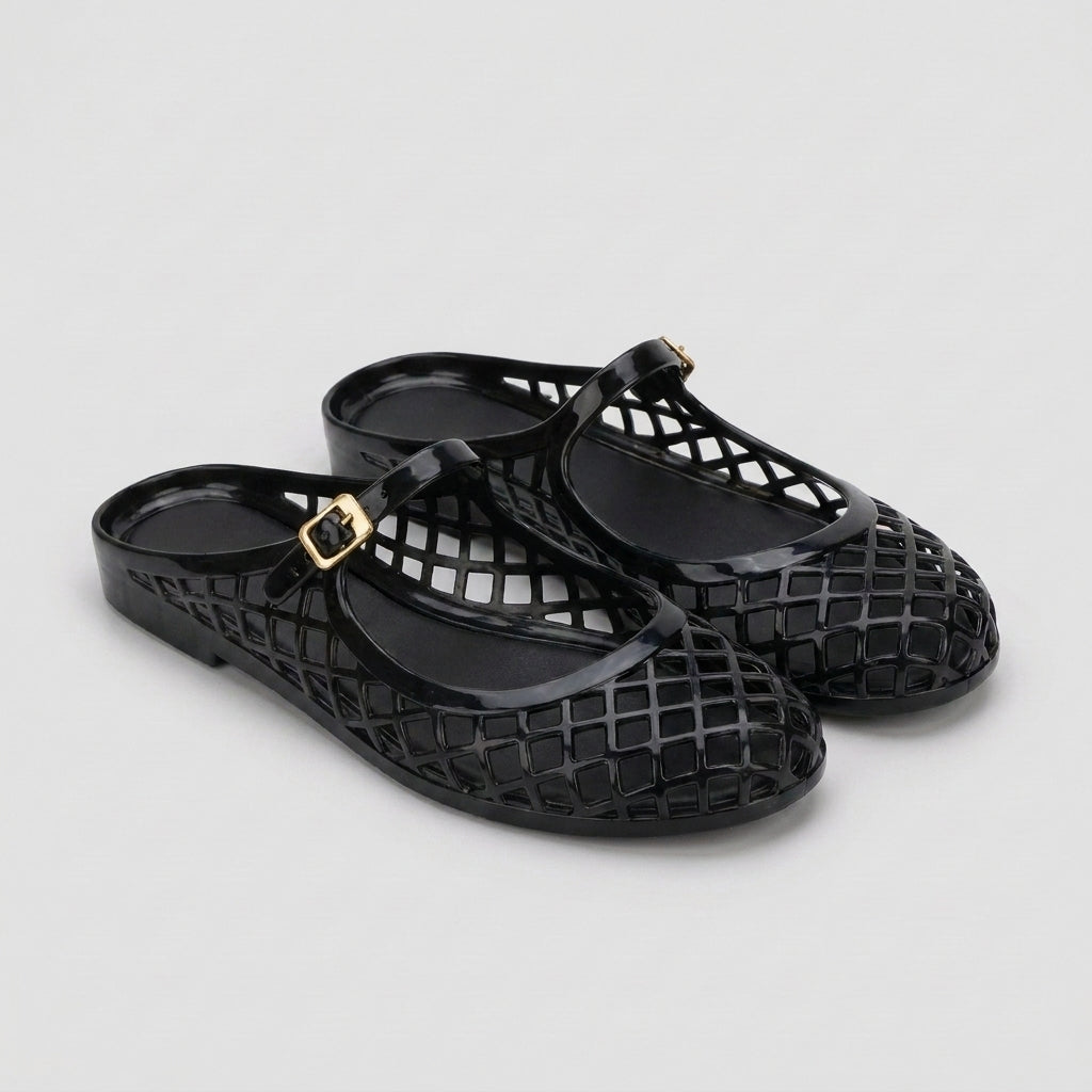 Structured Mary Jane Flat Sandals with Geometric Hollow-Out Lattice
