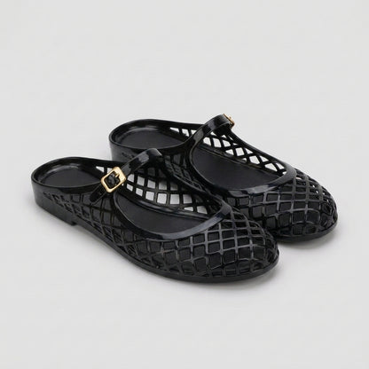 Structured Mary Jane Flat Sandals with Geometric Hollow-Out Lattice