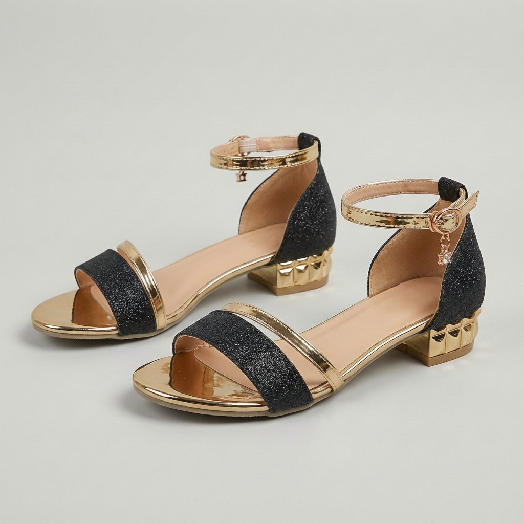 Refined Open-Toe Glitter Sandals with Ankle Strap and Charm Detail