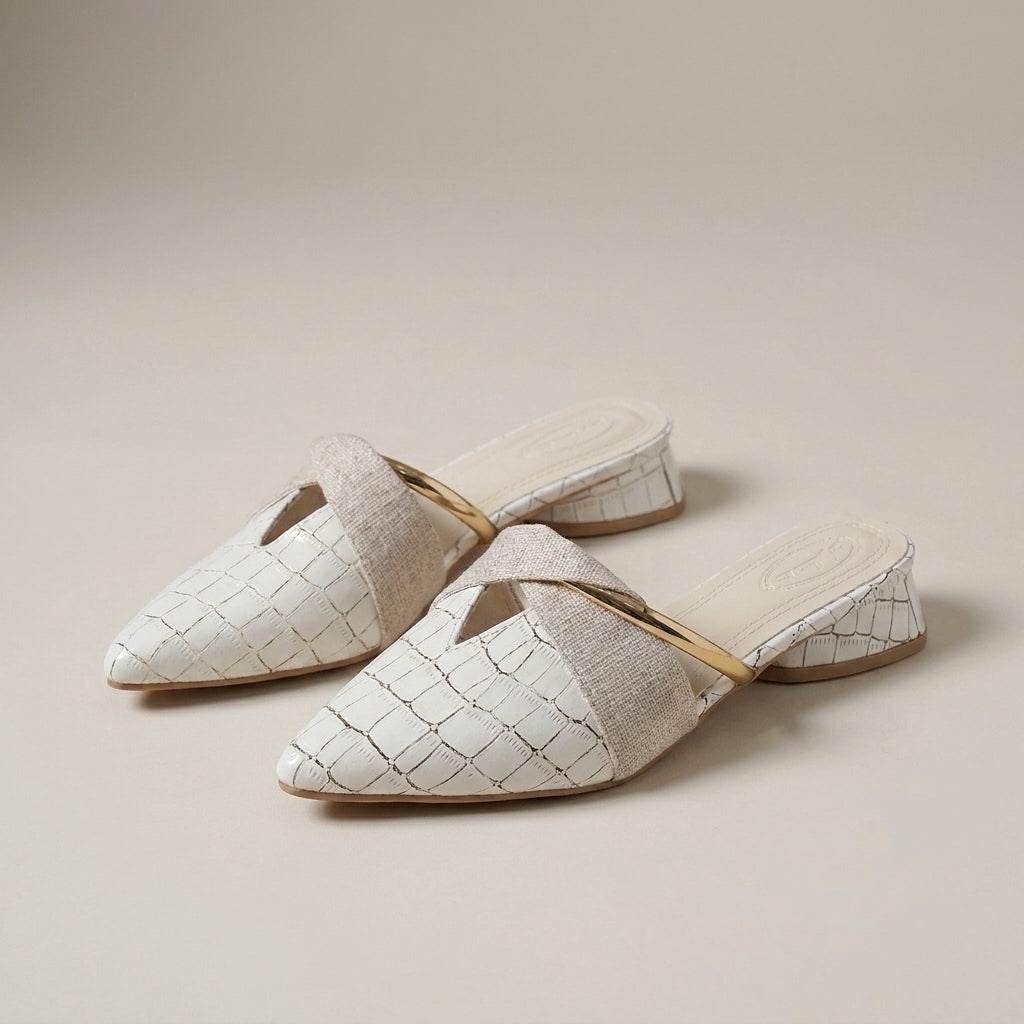 Structured Embossed Pointed Mules with Metallic Accent