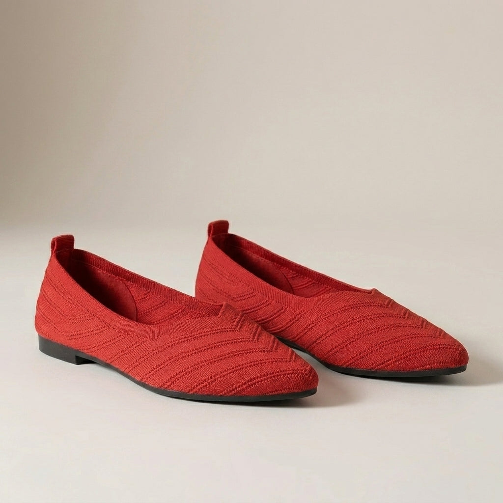 Ribbed Knit Pointed-Toe Flats with V-Cut Silhouette