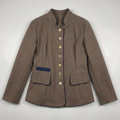 Tailored Wool Blazer with Stand Collar and Contrast Piping Detailing