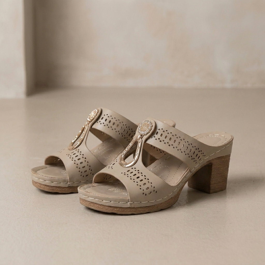 Laser-Cut Platform Slide Sandals with Rhinestone Accent