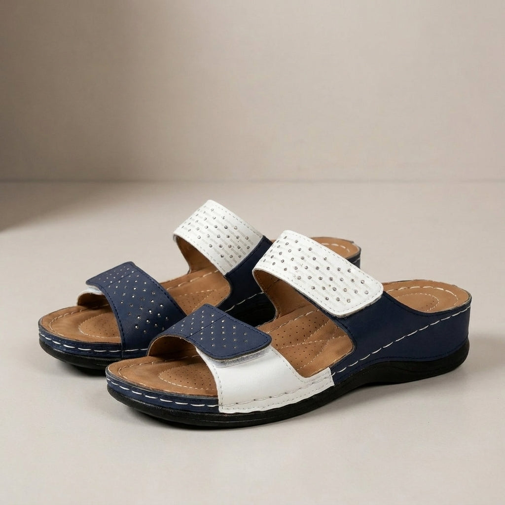 Structured Dual-Strap Wedge Sandals with Laser-Cut Geometric Detail for Relaxed Comfort