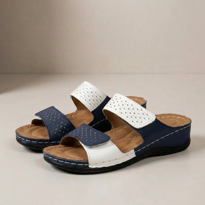 Structured Dual-Strap Wedge Sandals with Laser-Cut Geometric Detail for Relaxed Comfort