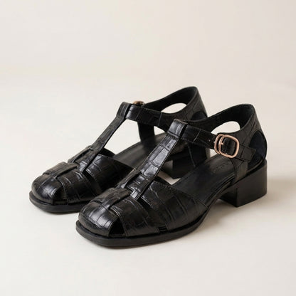 Structured Cage-Style Chunky Heel Roman Sandals with Embossed Texture