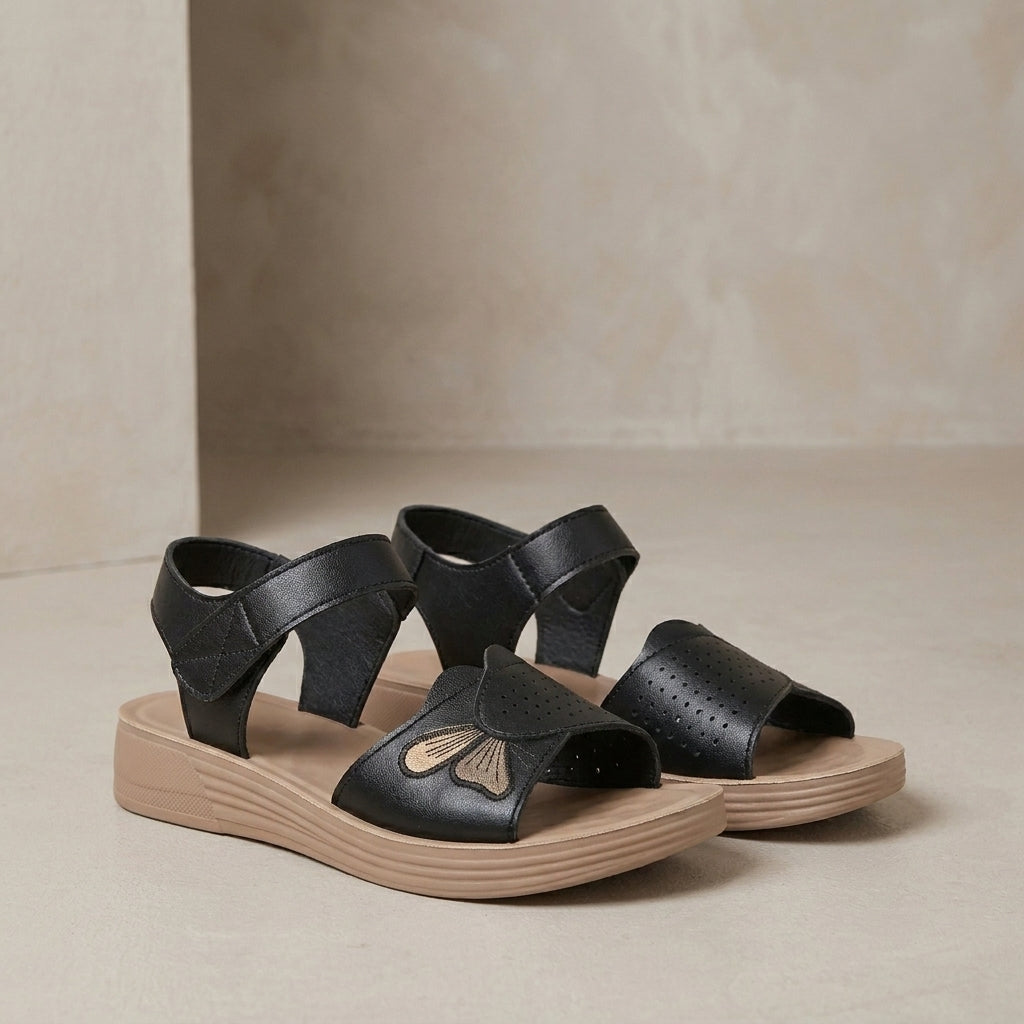 Elegant Wedge Sandal with Embroidered Butterfly and Cushioned Sole