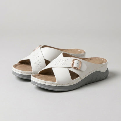 Buckle Accent Cross-Strap Comfort Slide Sandals