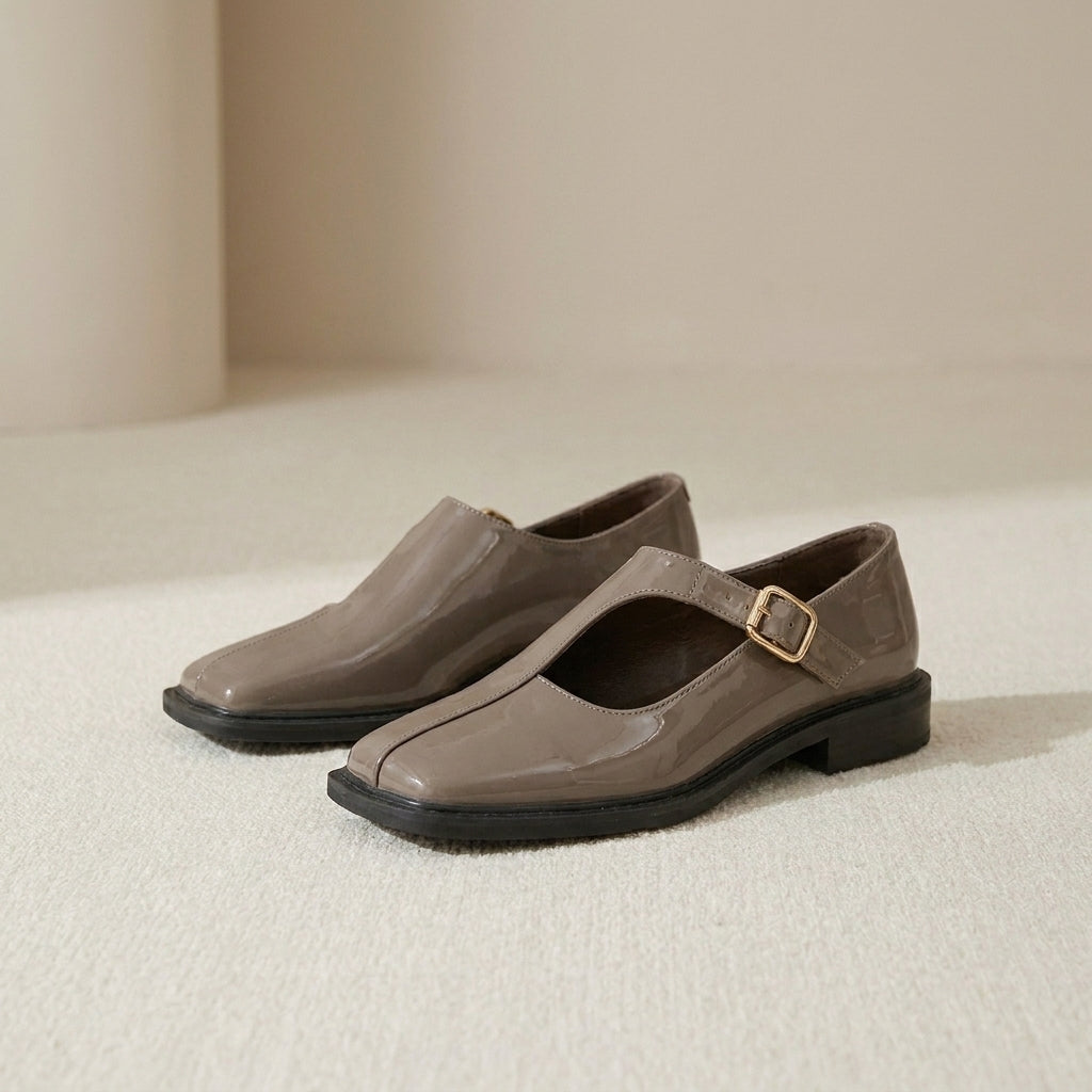 Square-Toe Flat Loafers with Hollow T-Strap and Buckle Closure