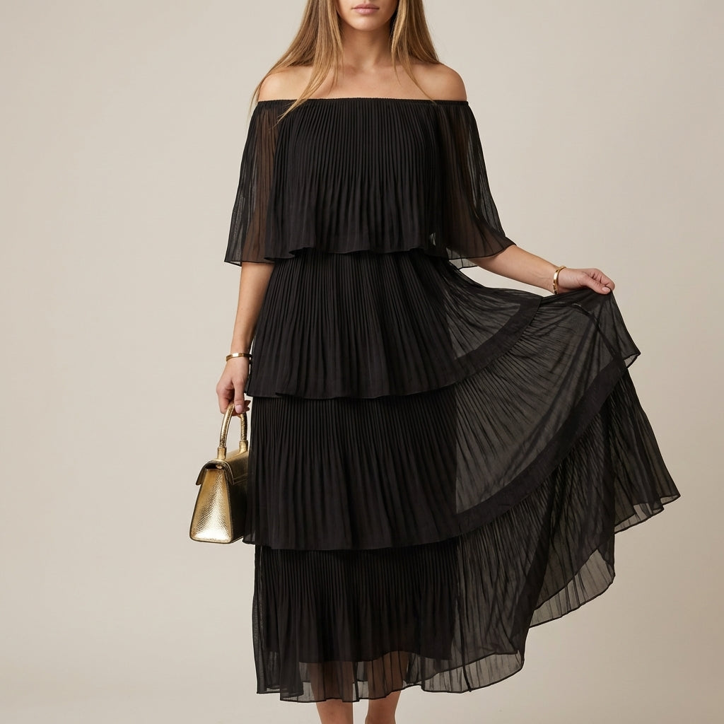 Flowing Off-Shoulder Maxi Dress with Sheer Tiered Accordion Pleats