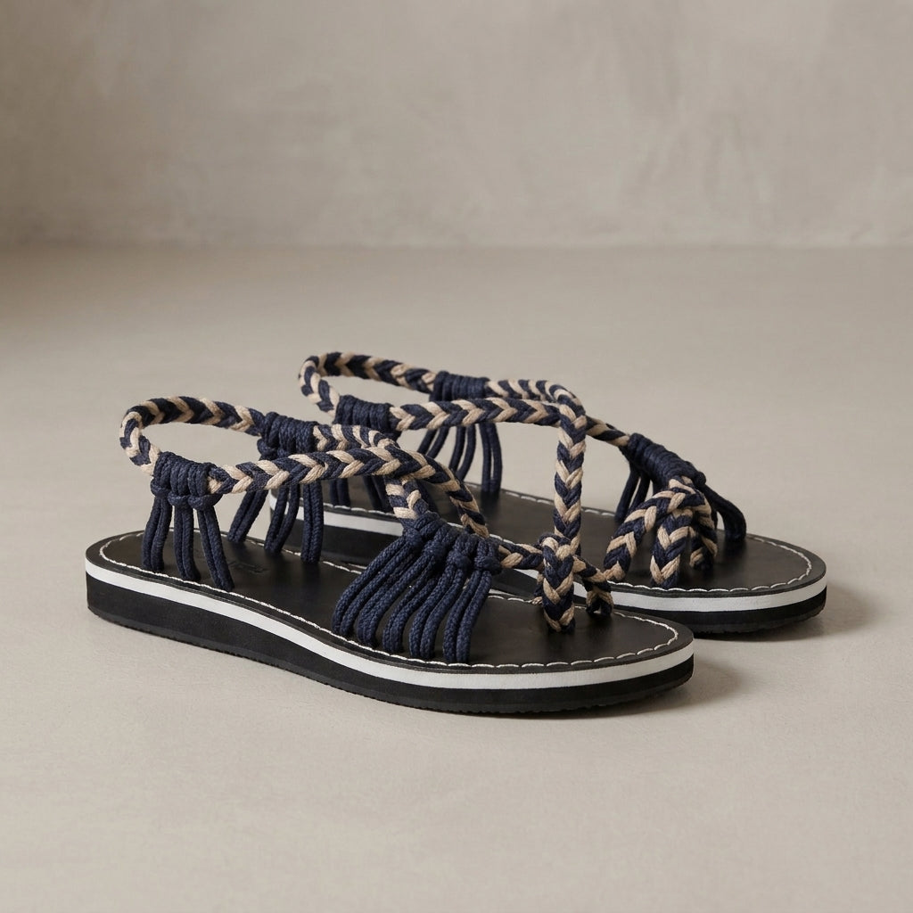 Braided Strappy Sandals with Wrapped Ankle and Contrast Stitching