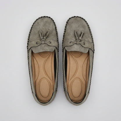 Suede Slip-On Loafers with Decorative Tassel Bow and Moccasin Stitching