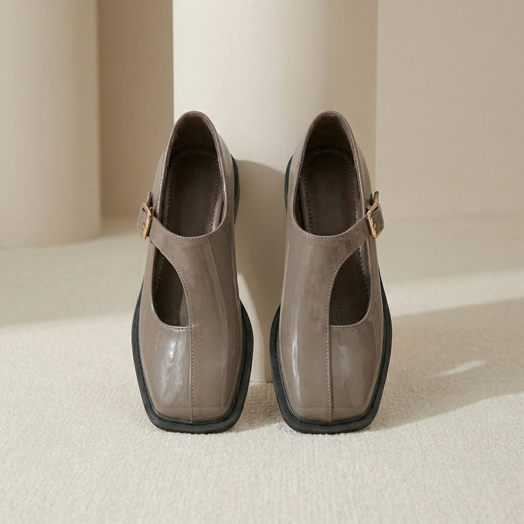 Square-Toe Flat Loafers with Hollow T-Strap and Buckle Closure