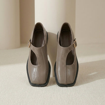 Square-Toe Flat Loafers with Hollow T-Strap and Buckle Closure