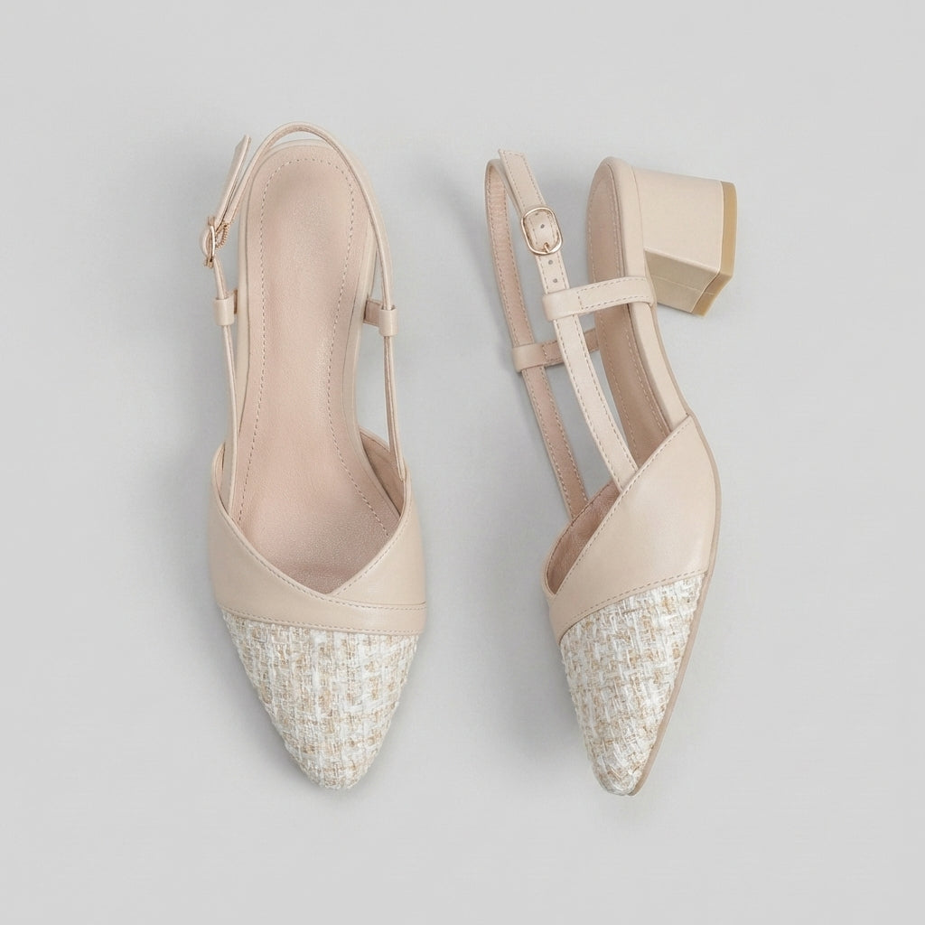 Pointed Toe Chunky Heel Slingback Sandals with Woven Textured Detail