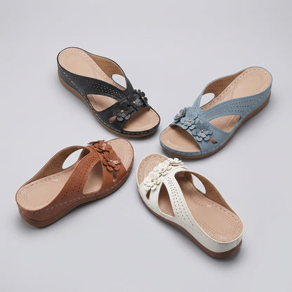Refined Slip-On Wedge Sandals with Floral Appliqué and Contoured Comfort