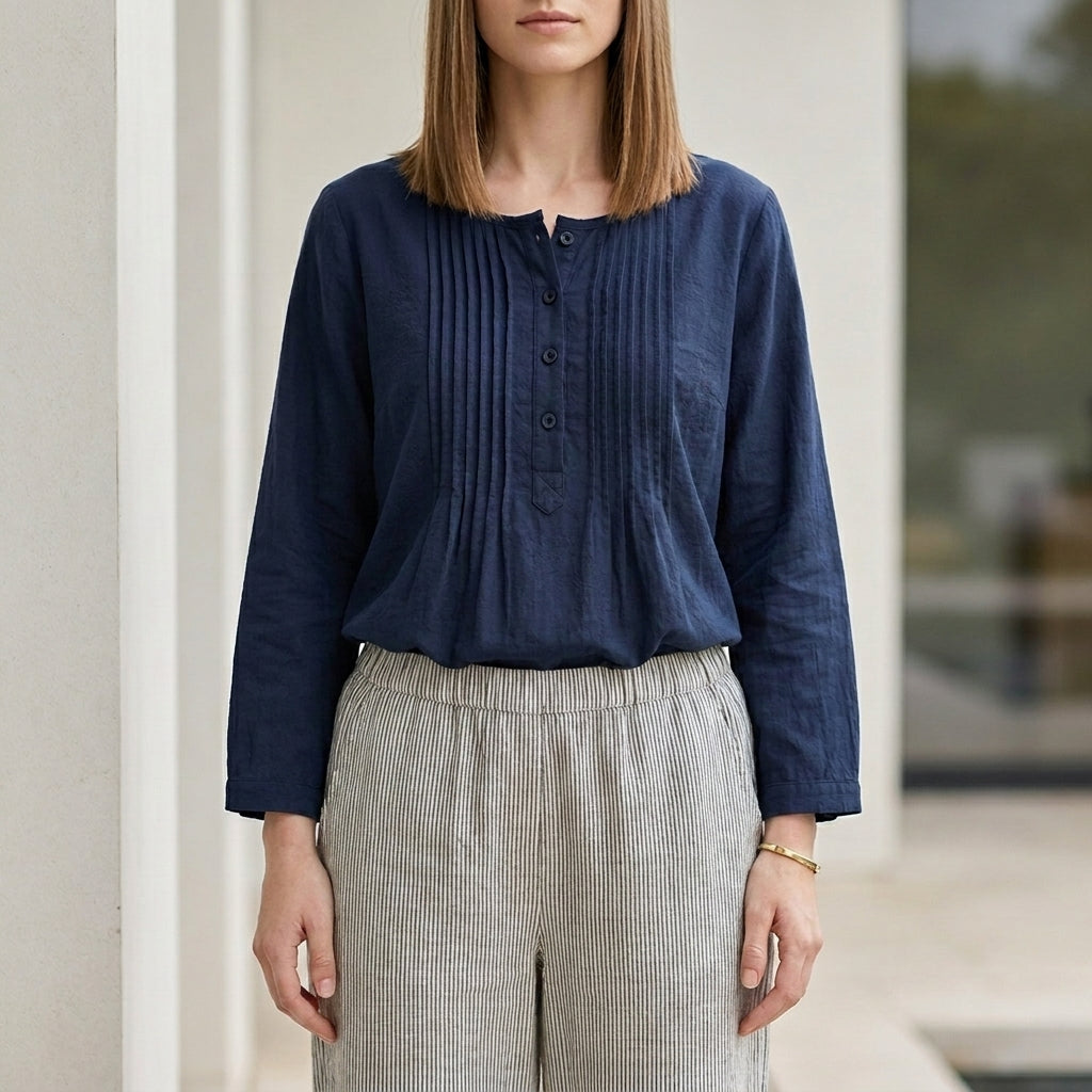 Relaxed Oversized Long-Sleeve Shirt with Pin-Tuck Pleat Detail