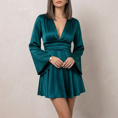 Silky Deep V-Neck Mini Dress with Flowing Bell Sleeve Elegance