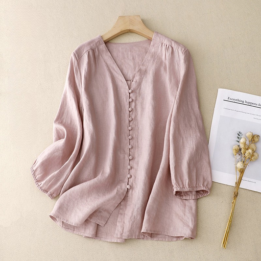 Relaxed Linen-Texture V-Neck Blouse with Delicate Button Detail
