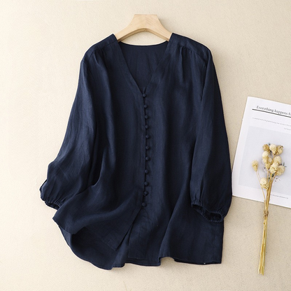 Relaxed Linen-Texture V-Neck Blouse with Delicate Button Detail