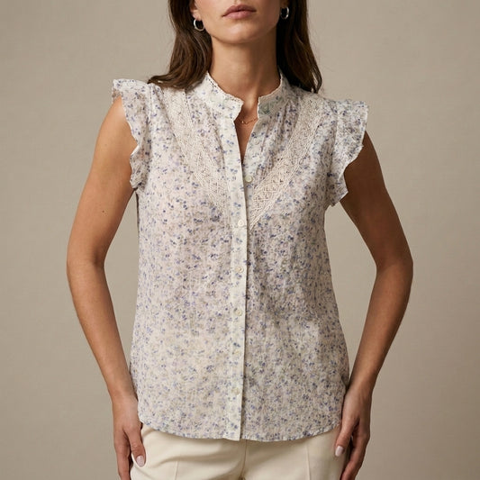 Romantic Sleeveless Blouse with Lace Trim and Ruffles